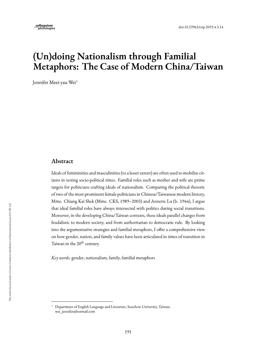 Doing Nationalism Through Familial Metaphors: the Case of Modern China/Taiwan