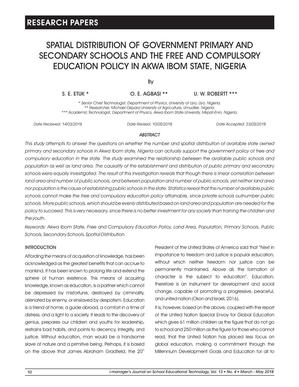 Spatial Distribution of Government Primary and Secondary Schools and the Free and Compulsory Education Policy in Akwa Ibom State, Nigeria