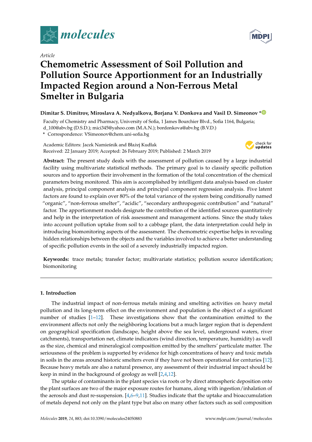 Chemometric Assessment of Soil Pollution and Pollution Source Apportionment for an Industrially Impacted Region Around a Non-Ferrous Metal Smelter in Bulgaria