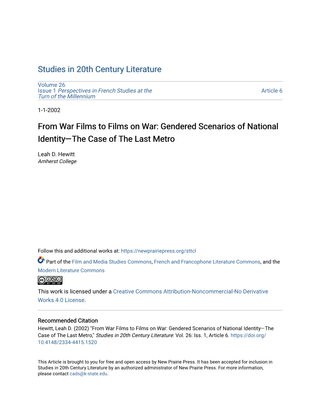 From War Films to Films on War: Gendered Scenarios of National Identity—The Case of the Last Metro