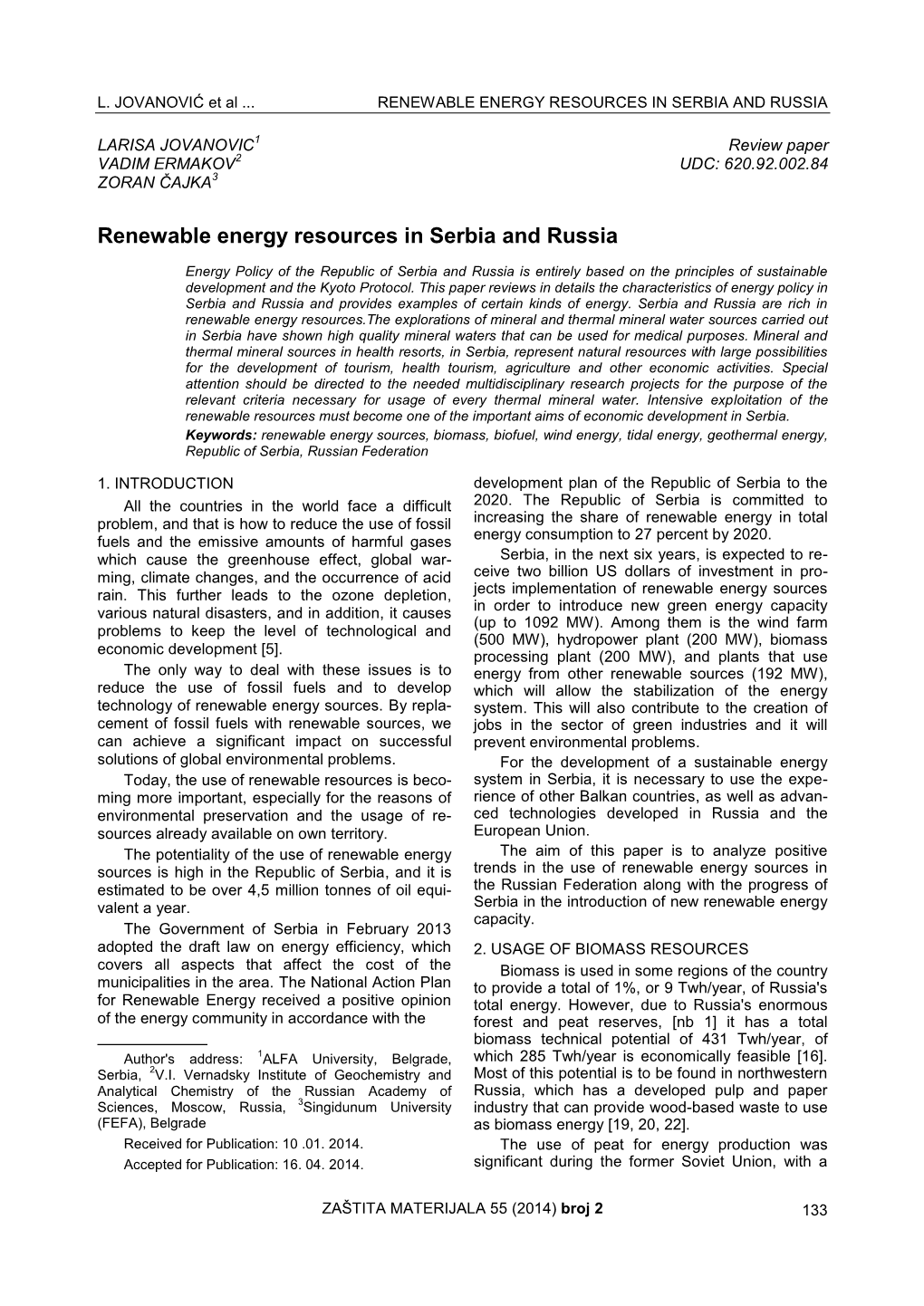 Renewable Energy Resources in Serbia and Russia