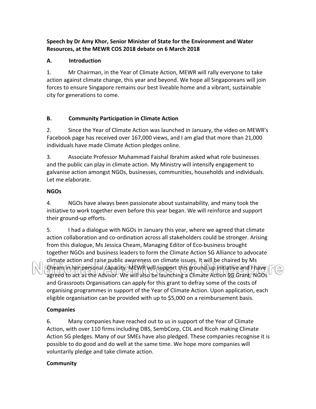 Speech by Dr Amy Khor, Senior Minister of State for the Environment and Water Resources, at the MEWR COS 2018 Debate on 6 March 2018 A
