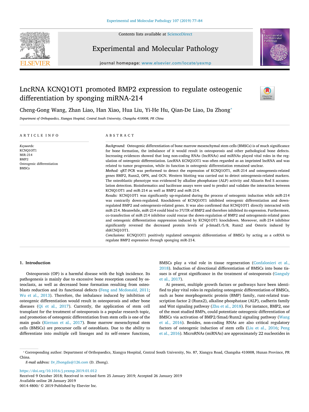 Lncrna KCNQ1OT1 Promoted BMP2 Expression to Regulate Osteogenic