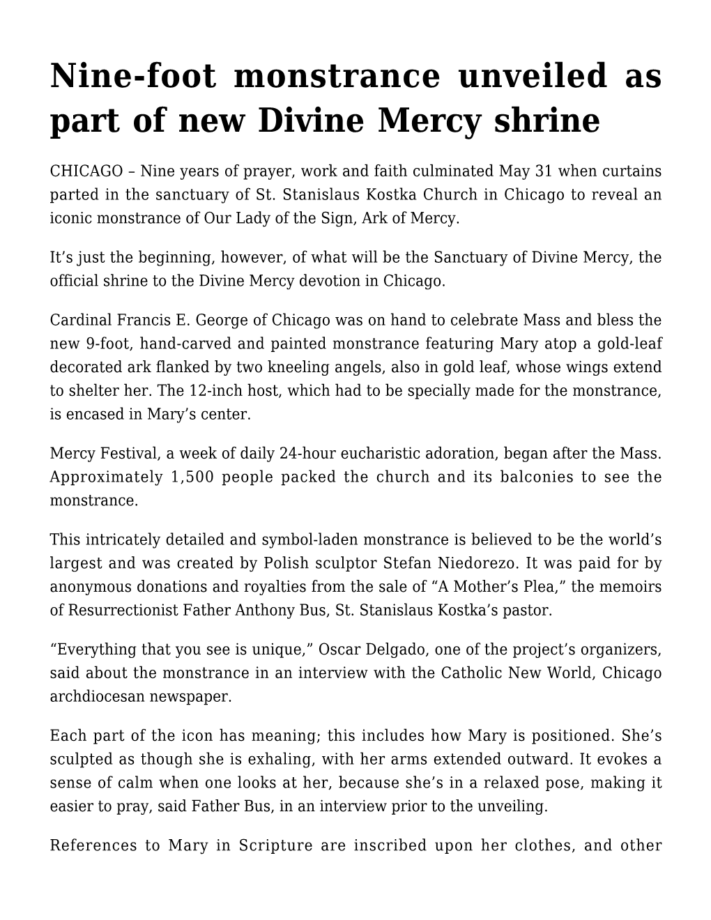 Nine-Foot Monstrance Unveiled As Part of New Divine Mercy Shrine