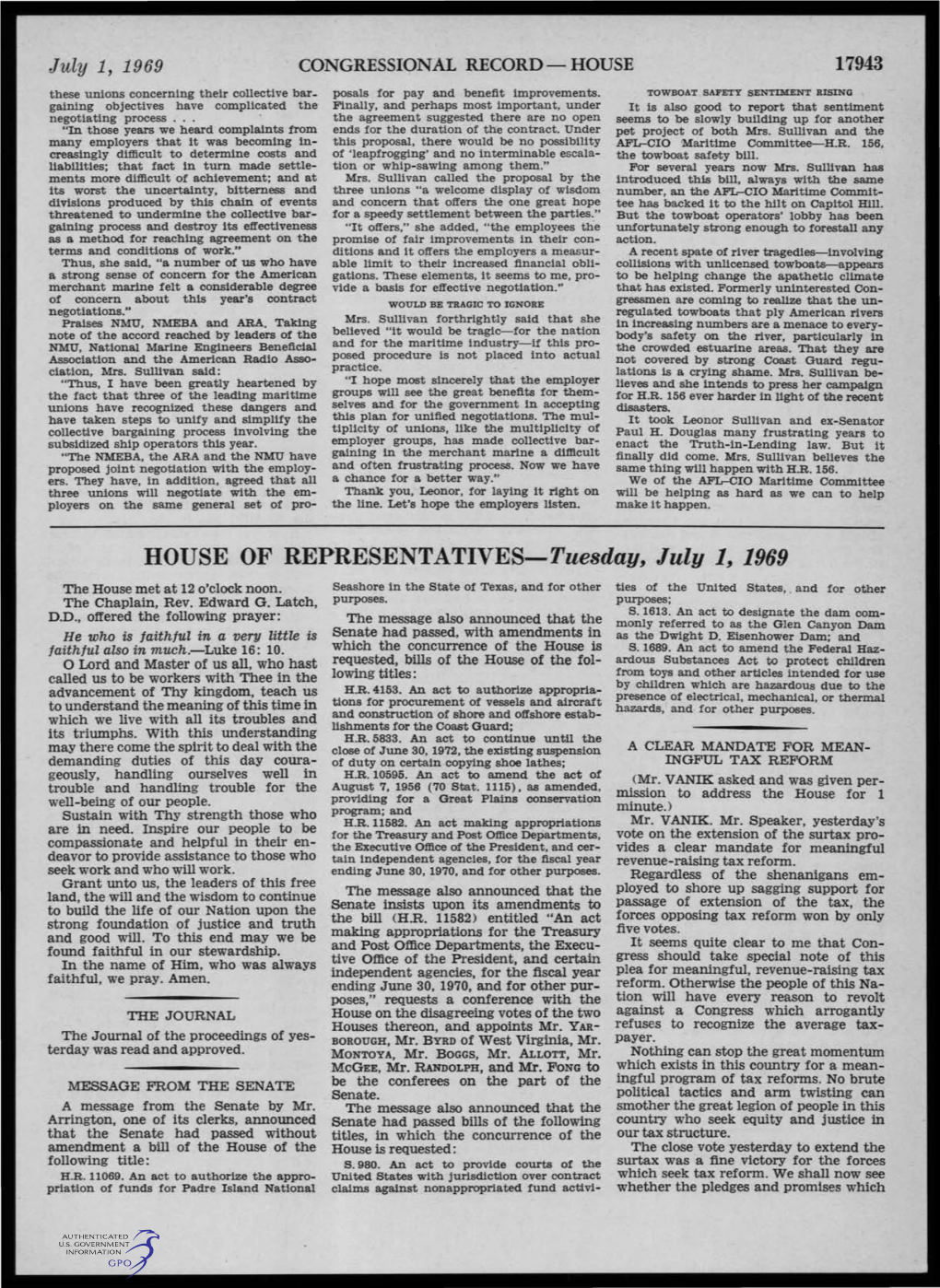 HOUSE of REPRESENTATIVES-Tuesday, July 1, 1969 the House Met at 12 O'clock Noon