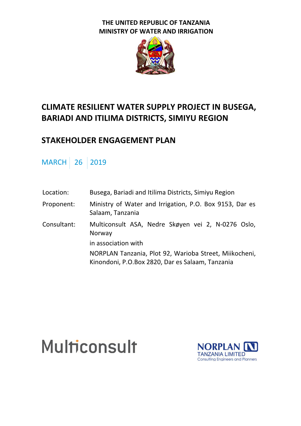 Climate Resilient Water Supply Project in Busega, Bariadi and Itilima Districts, Simiyu Region