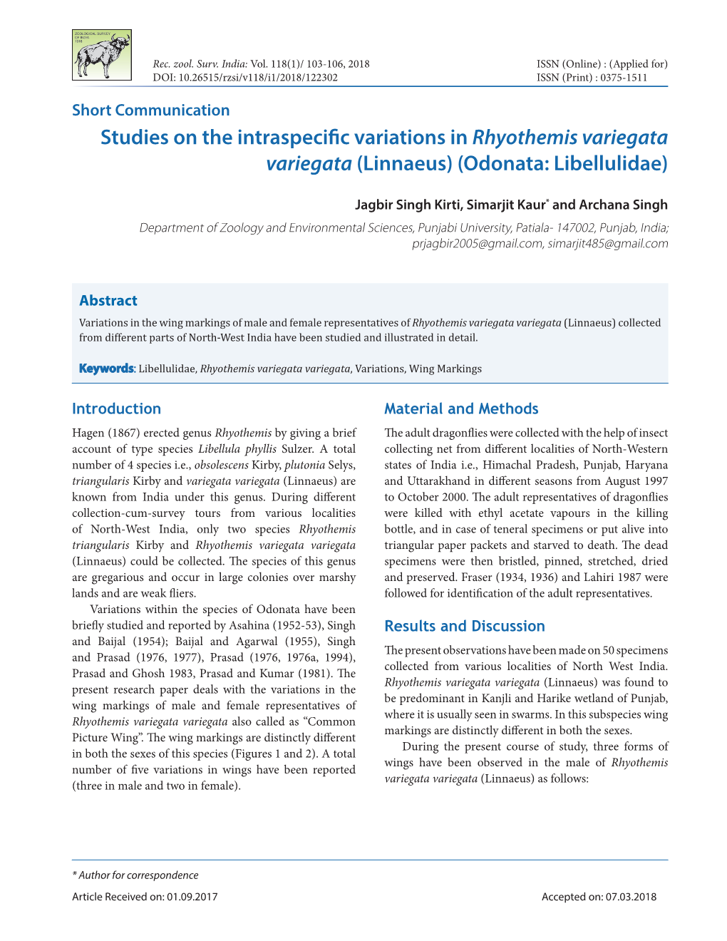 Studies on the Intraspecific Variations in Rhyothemis Variegata Variegata (Linnaeus)(Odonata: Libellulidae)