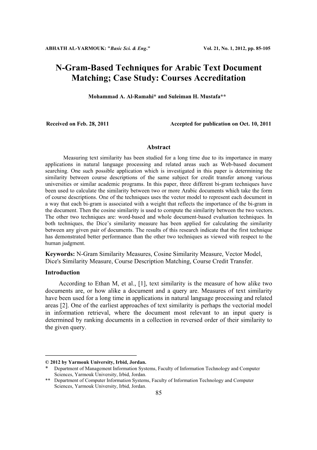 N-Gram-Based Techniques for Arabic Text Document Matching; Case Study: Courses Accreditation