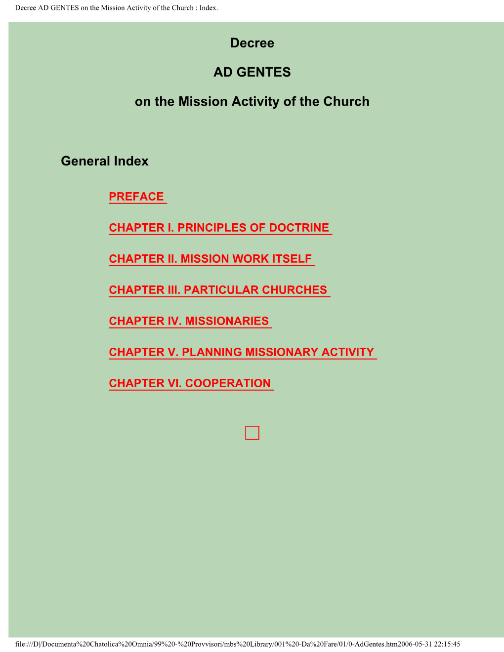 Decree AD GENTES on the Mission Activity of the Church : Index