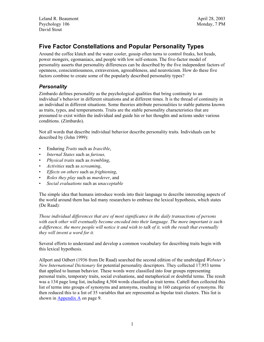 Five Factor Constellations and Popular Personality Types