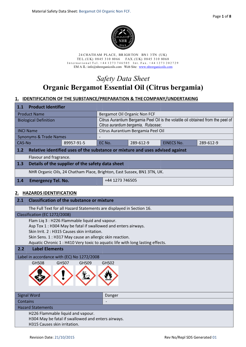 Safety Data Sheet Organic Bergamot Essential Oil (Citrus Bergamia)