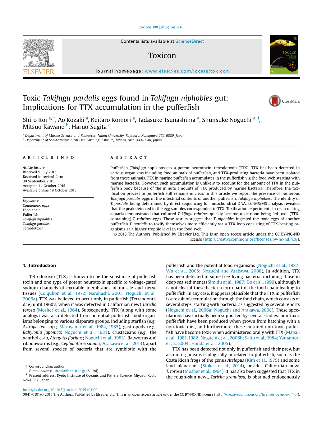 Toxic Takifugu Pardalis Eggs Found in Takifugu Niphobles Gut: Implications for TTX Accumulation in the Pufferfish