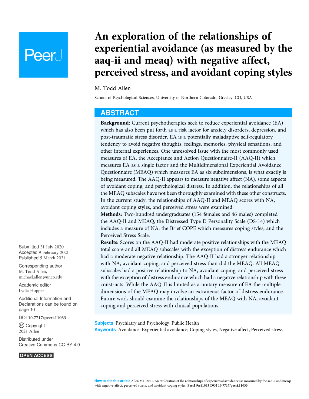 (As Measured by the Aaq-Ii and Meaq) with Negative Affect, Perceived Stress, and Avoidant Coping Styles