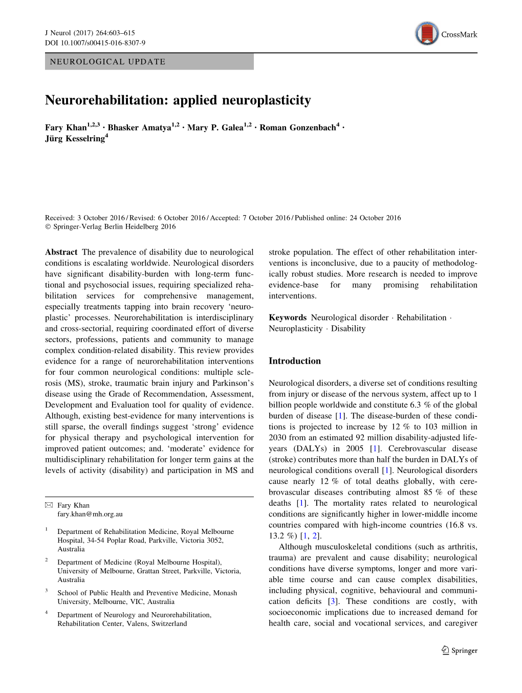Neurorehabilitation: Applied Neuroplasticity