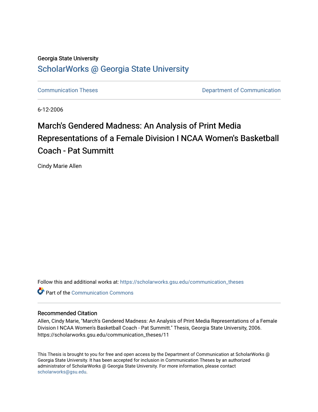 March's Gendered Madness: an Analysis of Print Media Representations of a Female Division I NCAA Women's Basketball Coach - Pat Summitt