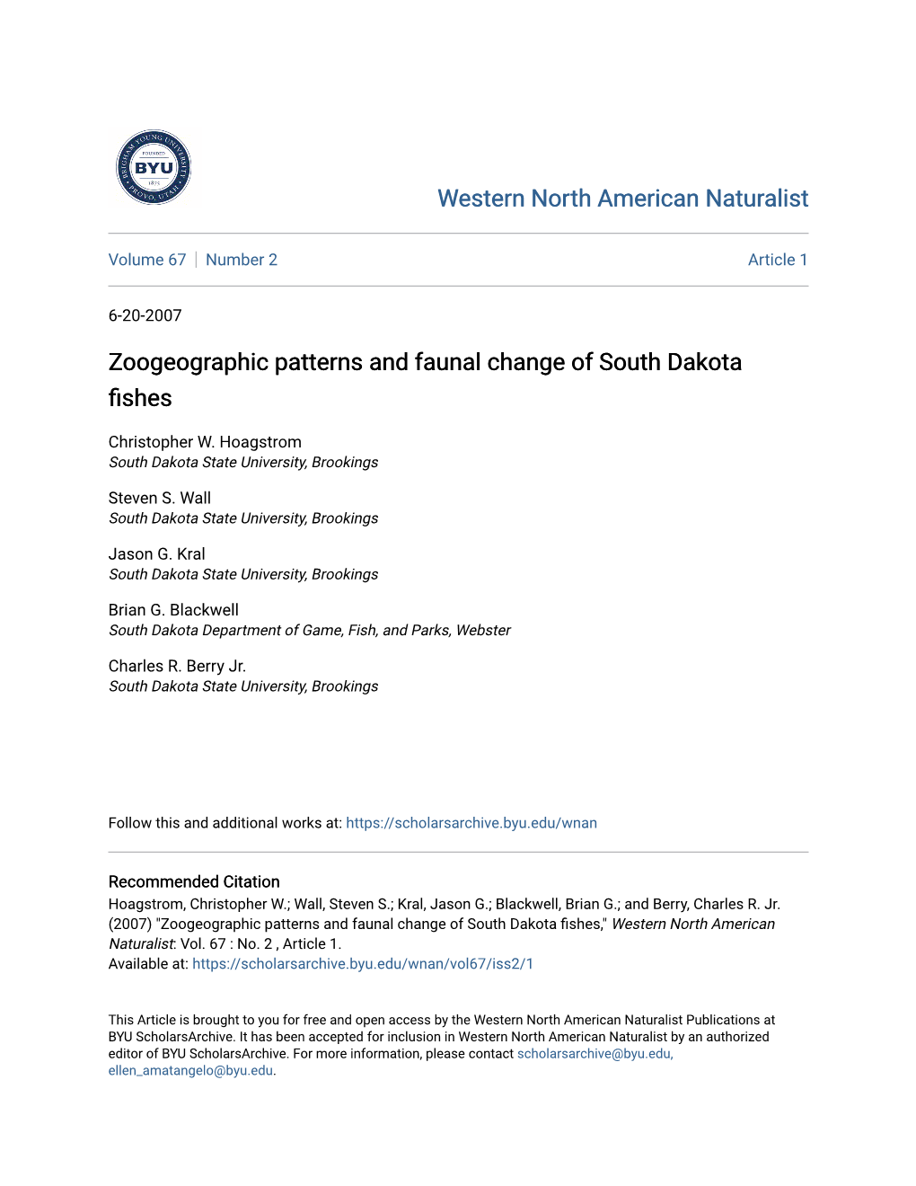 Zoogeographic Patterns and Faunal Change of South Dakota Fishes