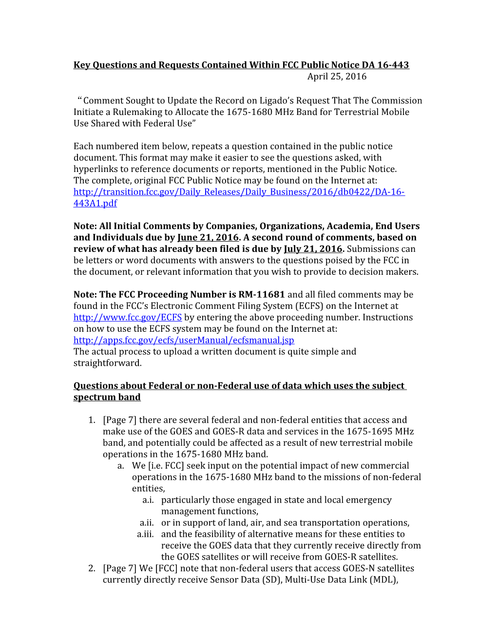 Key Questions and Requests Contained Within FCC Public Notice DA 16-443