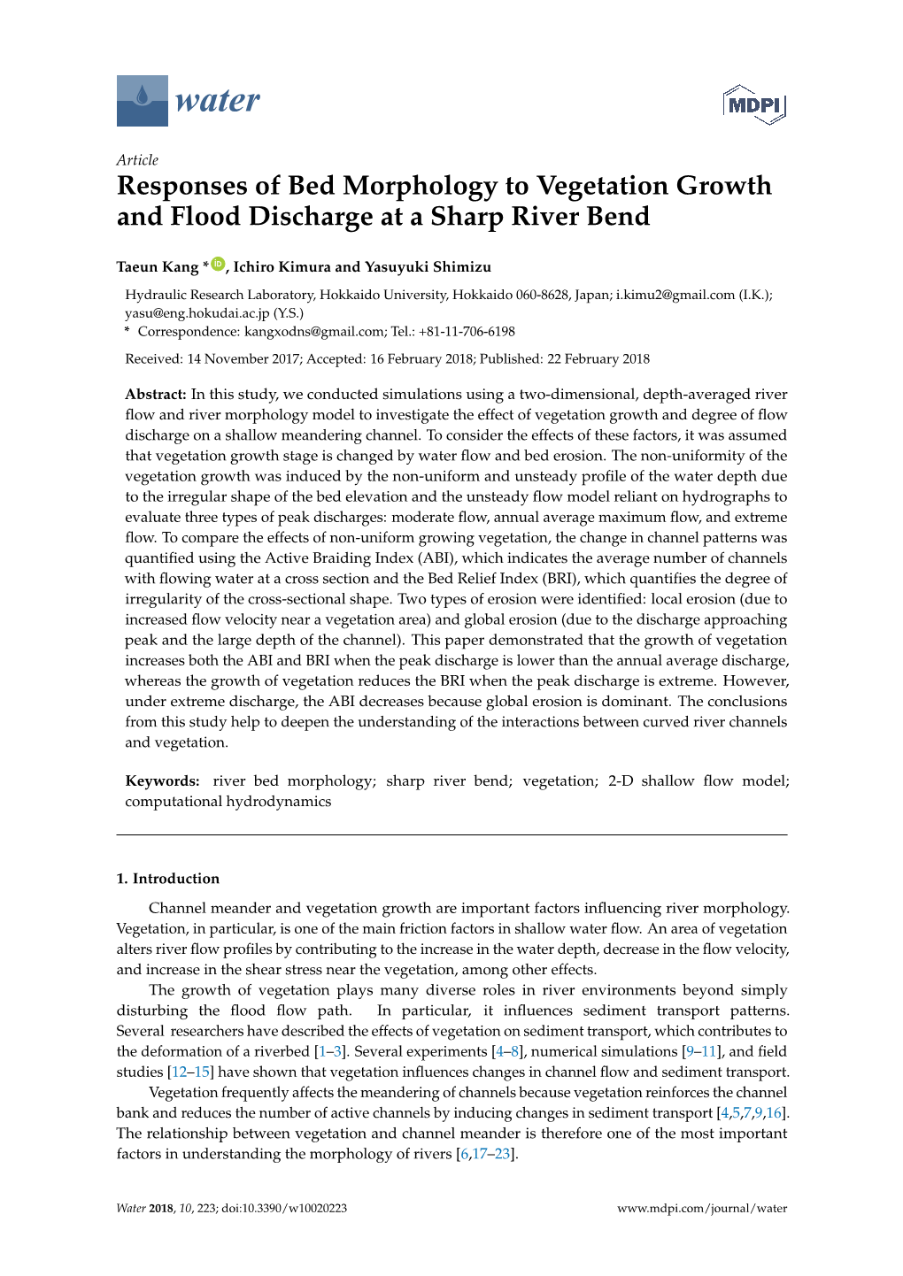 Responses of Bed Morphology to Vegetation Growth and Flood Discharge at a Sharp River Bend