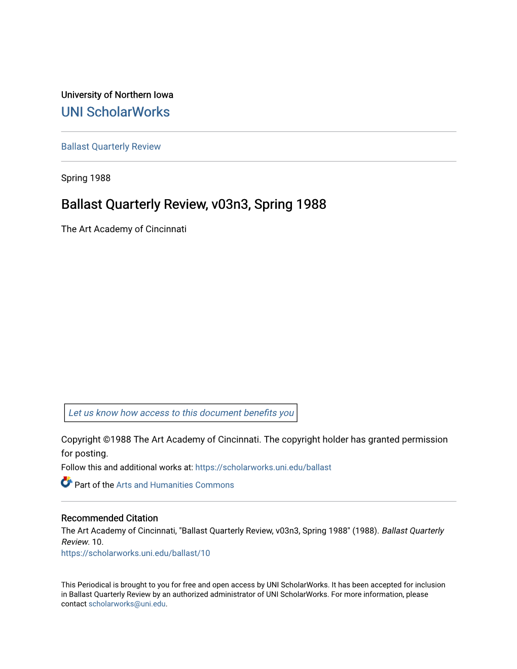 Ballast Quarterly Review, V03n3, Spring 1988