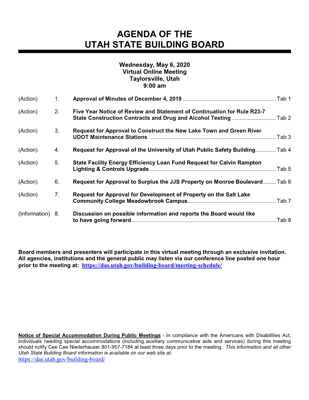 Agenda of the Utah State Building Board