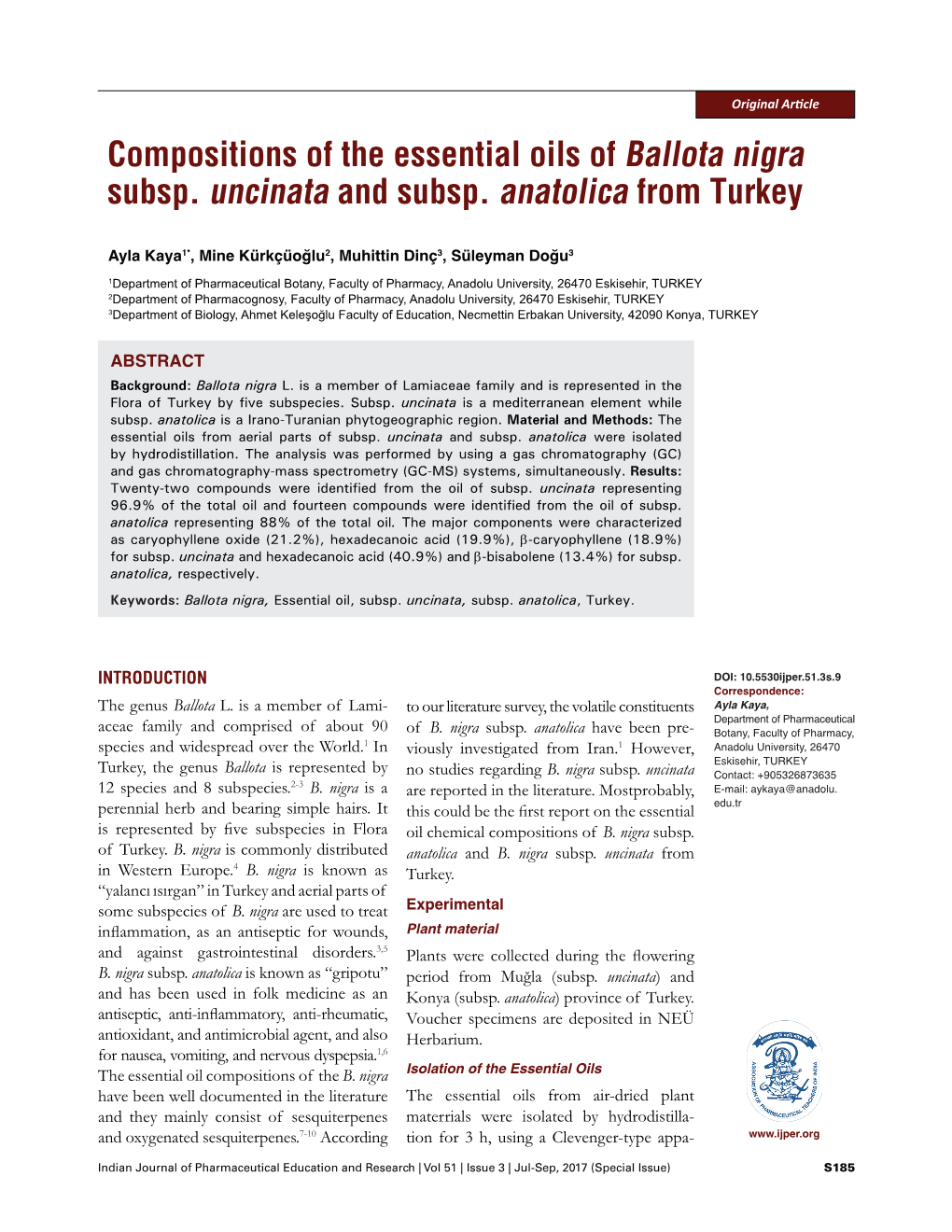 Compositions of the Essential Oils of Ballota Nigra Subsp. Uncinata and Subsp