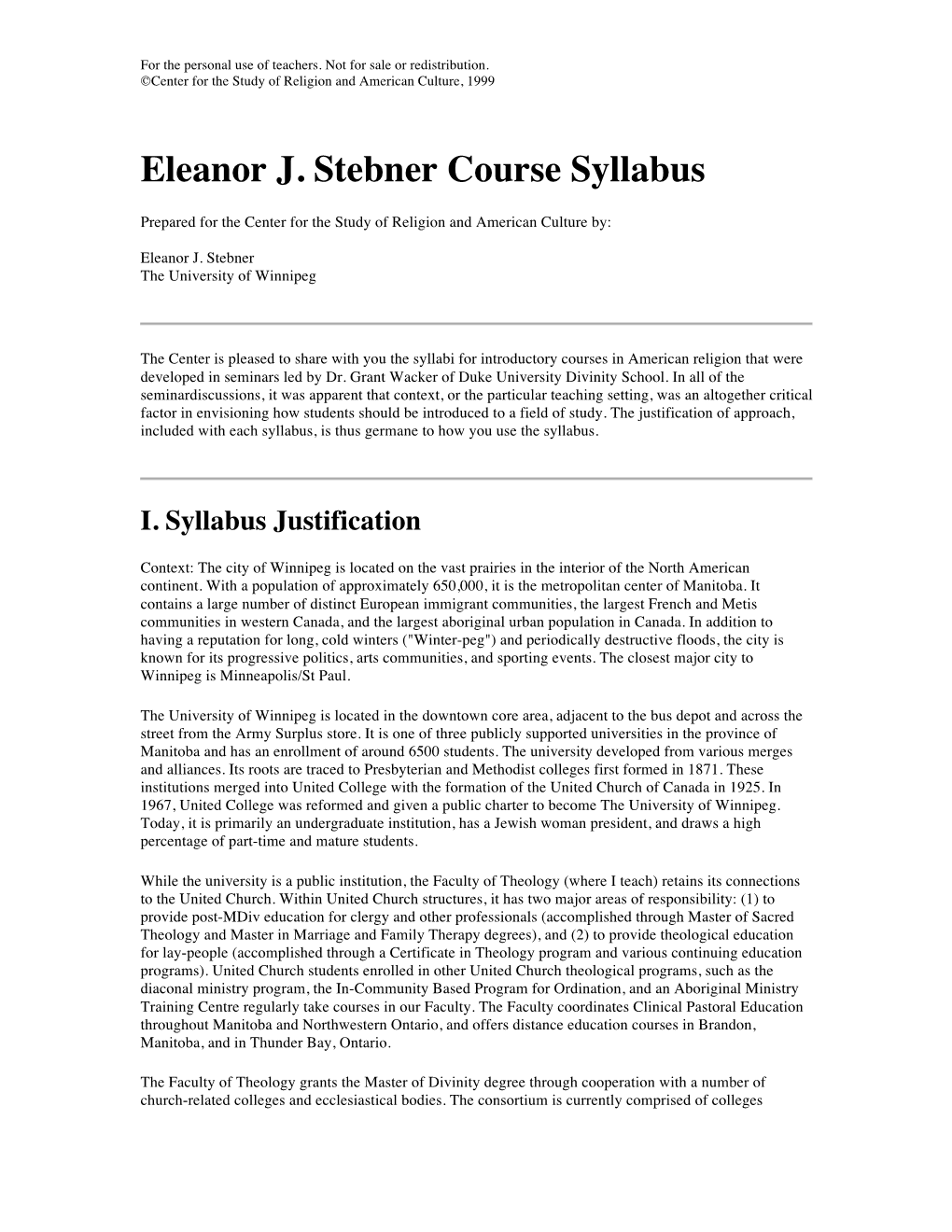 Eleanor J. Stebner Course Syllabus