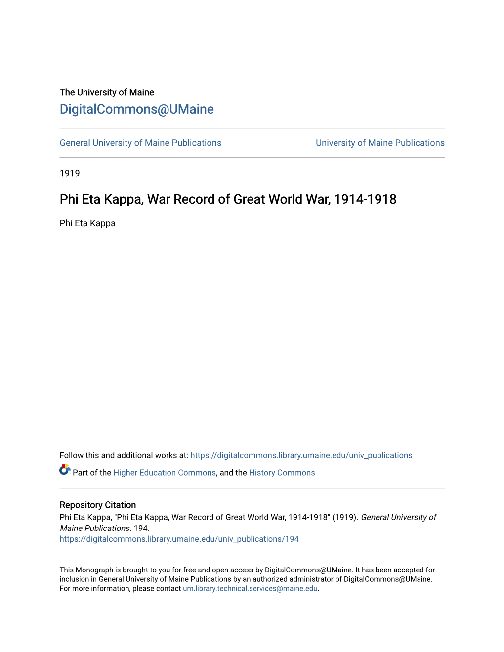 Phi Eta Kappa, War Record of Great World War, 1914-1918