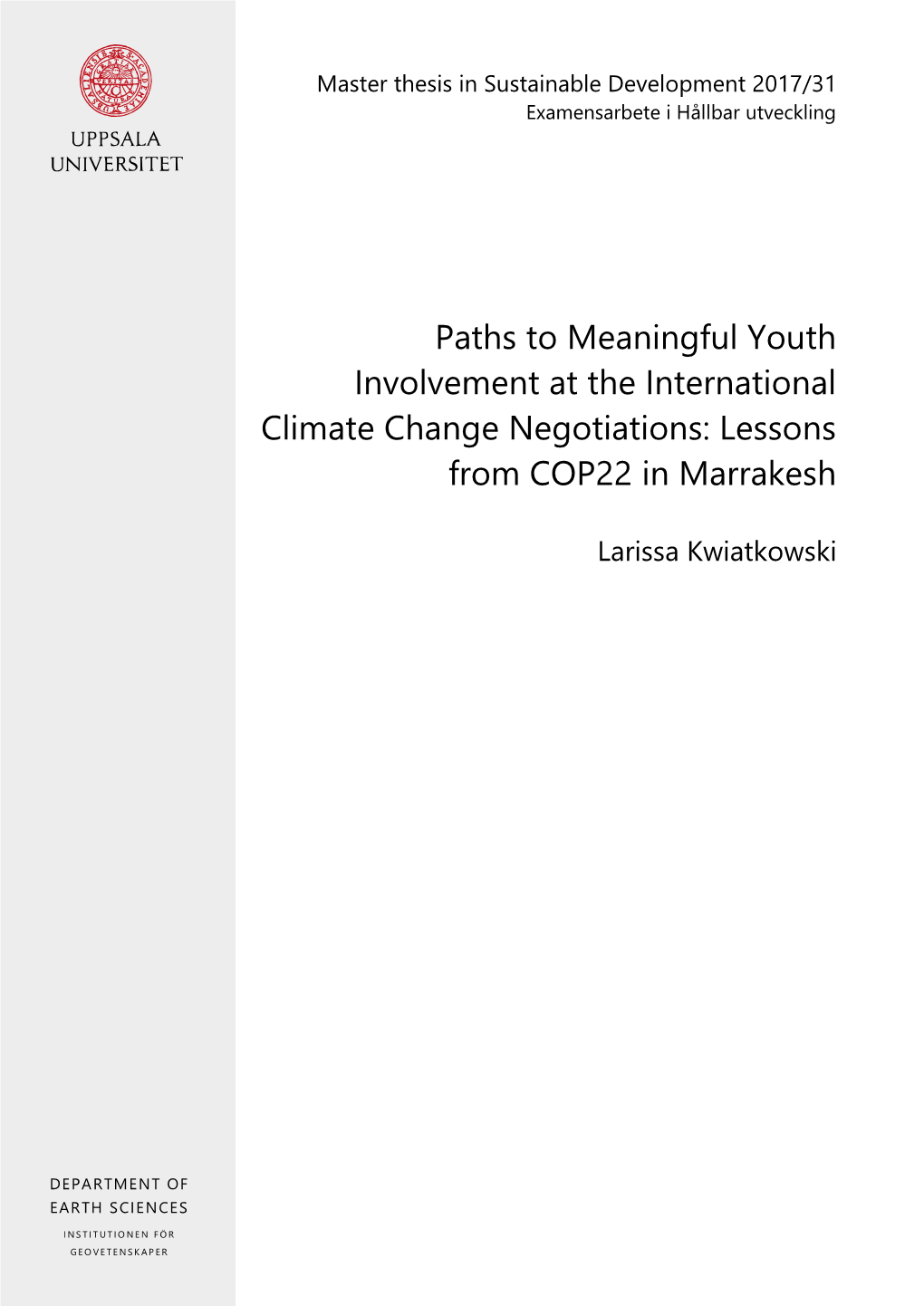 Paths to Meaningful Youth Involvement at the International Climate Change Negotiations: Lessons from COP22 in Marrakesh