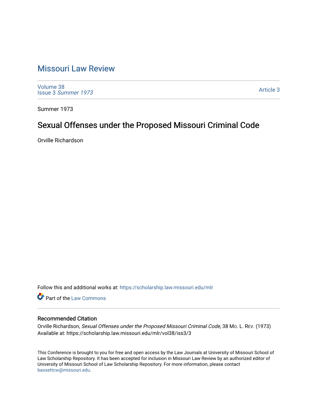 Sexual Offenses Under the Proposed Missouri Criminal Code