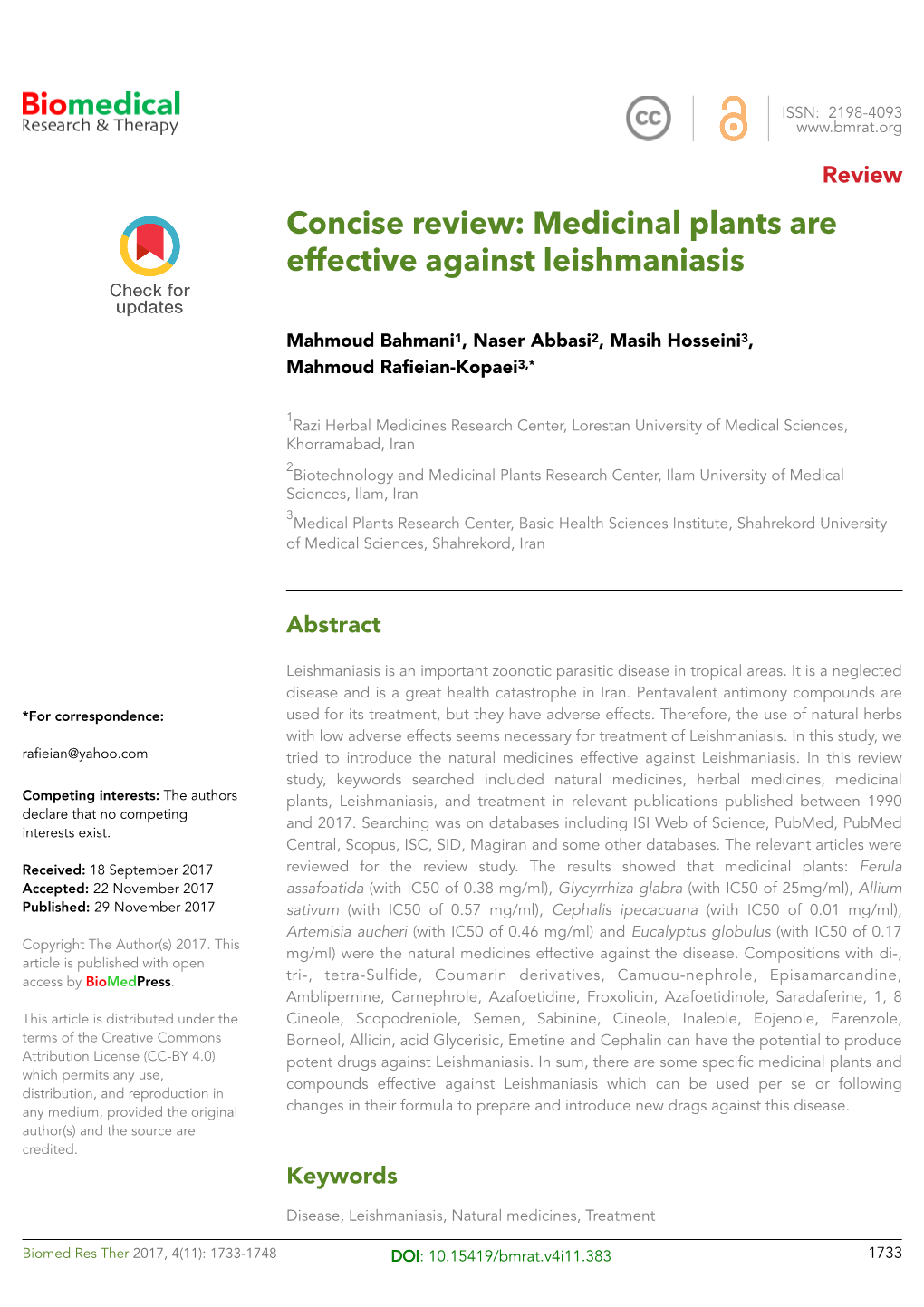 Concise Review: Medicinal Plants Are Effective Against Leishmaniasis