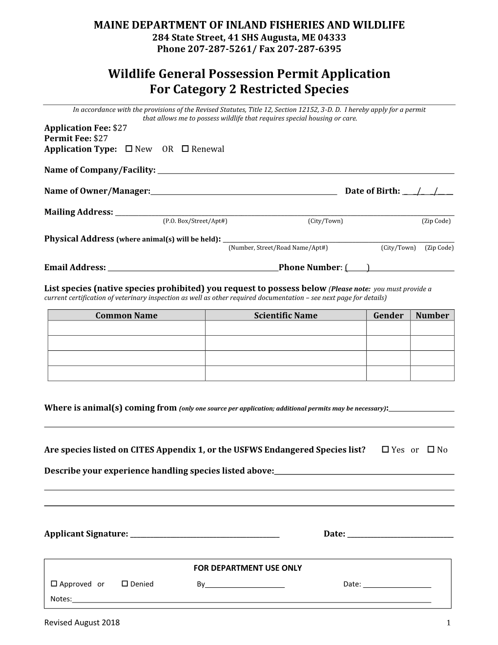Wildlife General Possession Permit Application for Category 2 Restricted Species