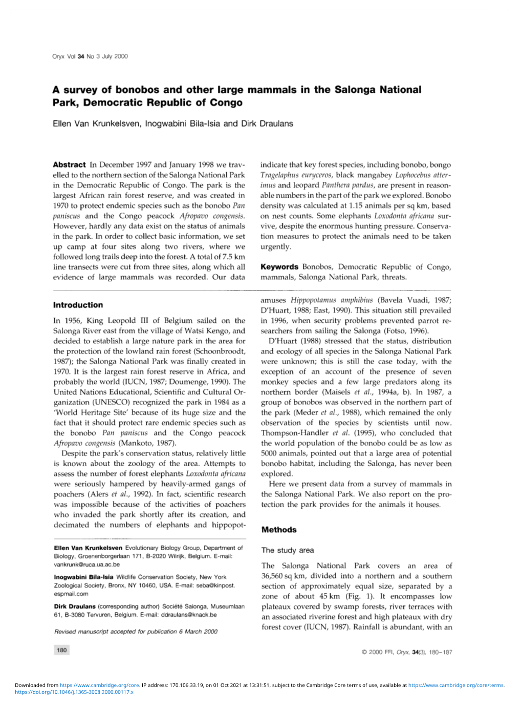 A Survey of Bonobos and Other Large Mammals in the Salonga National Park, Democratic Republic of Congo