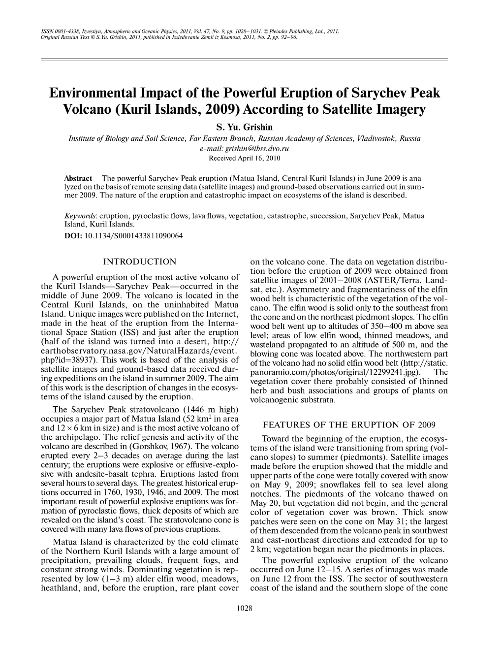 Environmental Impact of the Powerful Eruption of Sarychev Peak Volcano (Kuril Islands, 2009) According to Satellite Imagery S