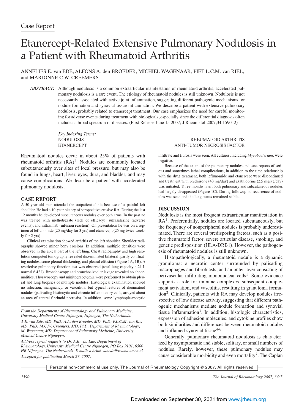 Etanercept-Related Extensive Pulmonary Nodulosis in a Patient with Rheumatoid Arthritis