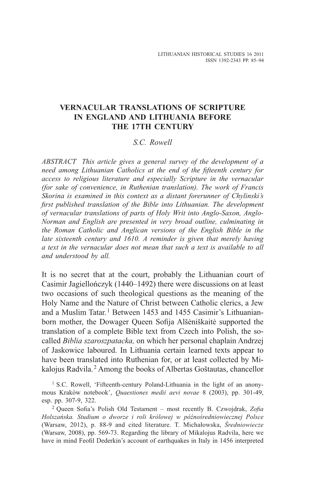 Vernacular Translations of Scripture in England and Lithuania Before the 17Th Century S.C