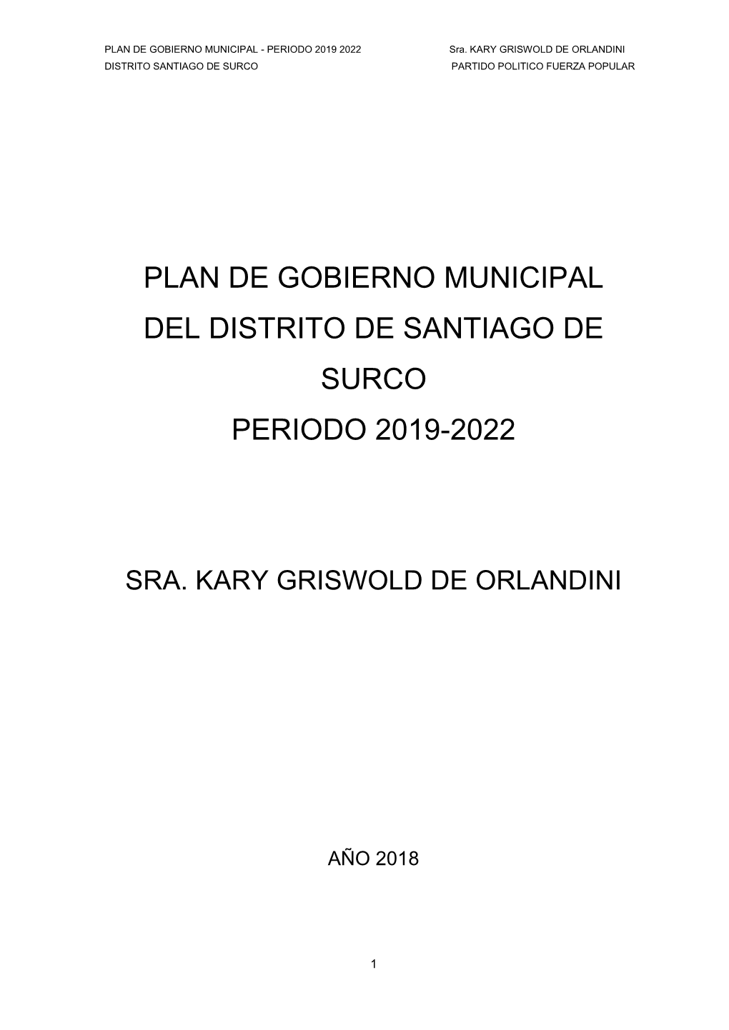 Plan De Gobierno Municipal Del Distrito De Santiago De Surco Periodo 2019-2022