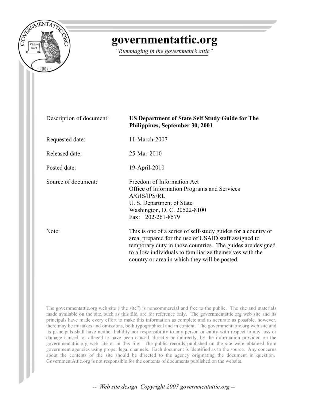 US Department of State Self Study Guide for the Philippines, September 30, 2001