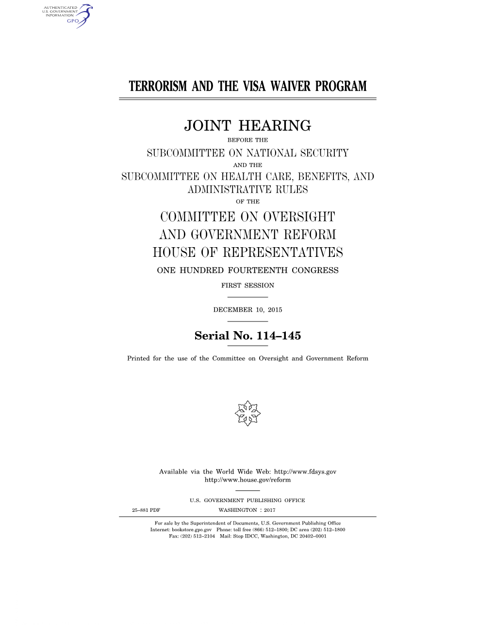 Terrorism and the Visa Waiver Program Joint Hearing