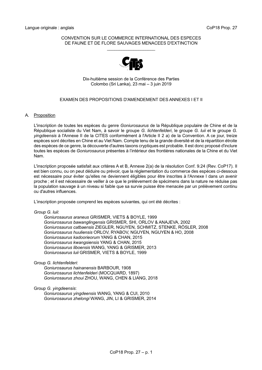 Proposal for Amendment of Appendix I Or II for CITES Cop18