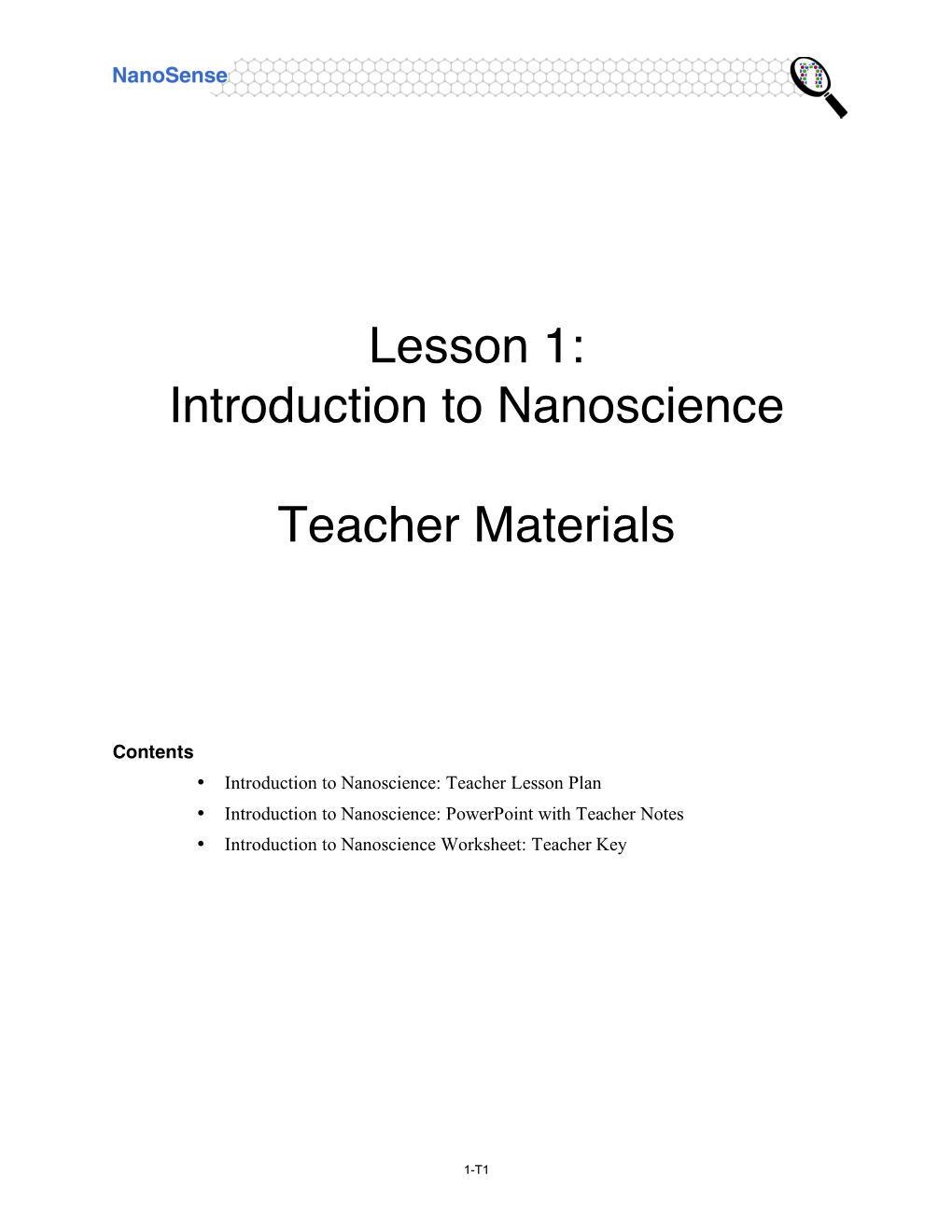 Lesson 1: Introduction to Nanoscience Teacher Materials