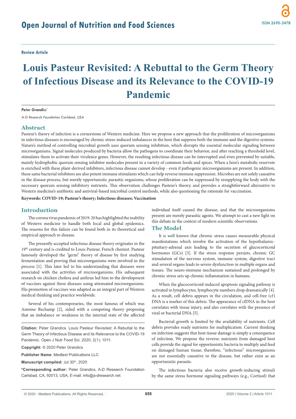 Louis Pasteur Revisited: a Rebuttal to the Germ Theory of Infectious Disease and Its Relevance to the COVID-19 Pandemic