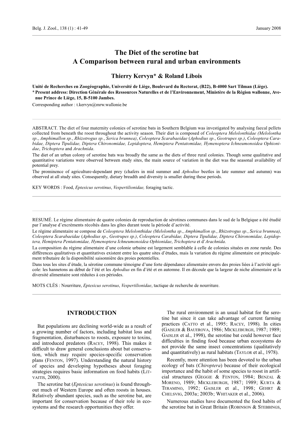 The Diet of the Serotine Bat a Comparison Between Rural and Urban Environments