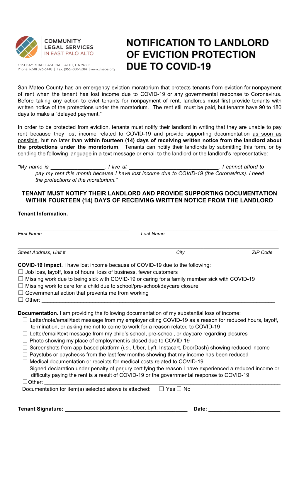 Tenant Must Notify Their Landlord and Provide Supporting Documentation Within Fourteen (14) Days of Receiving Written Notice from the Landlord