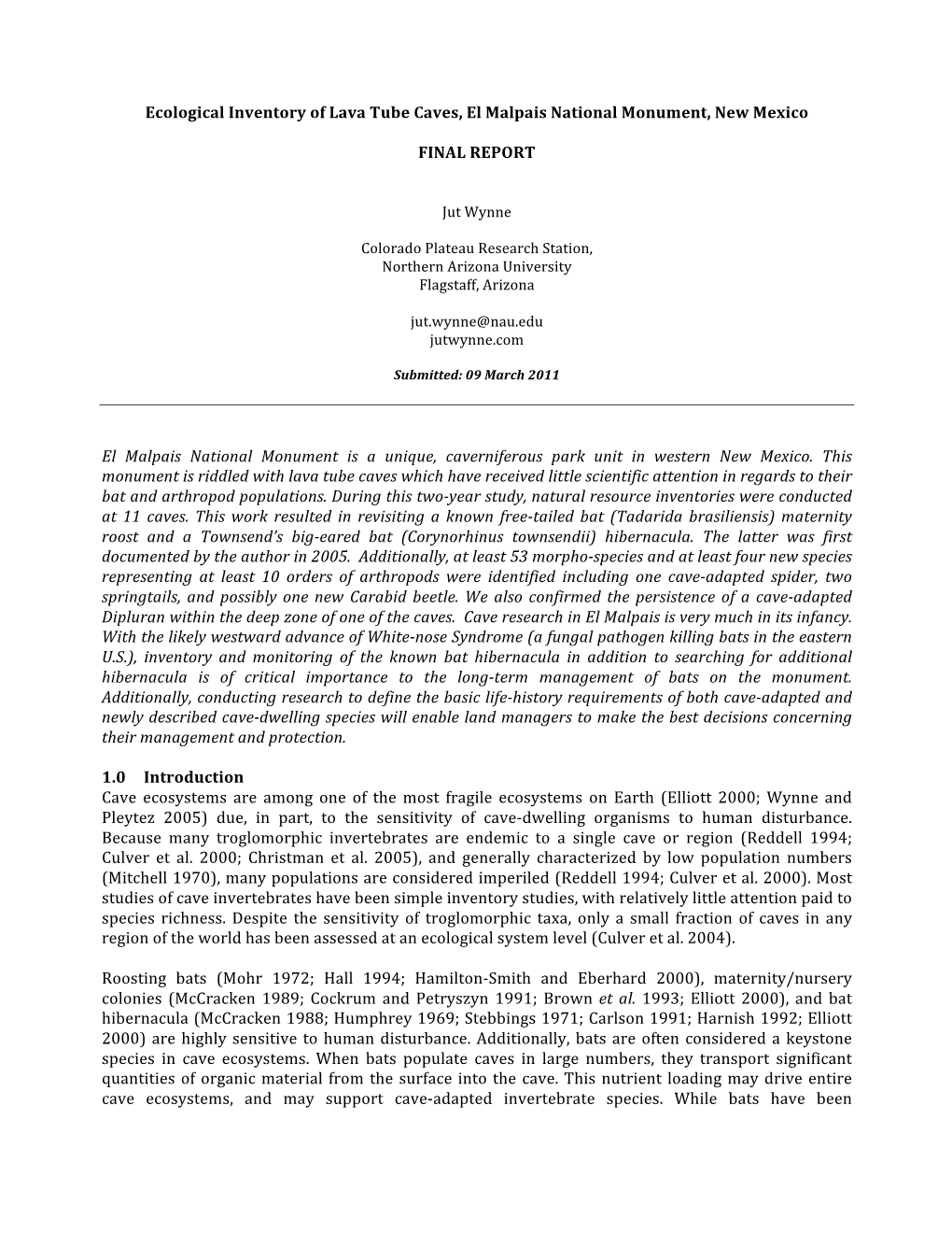 Ecological Inventory of Lava Tube Caves, El Malpais National Monument, New Mexico FINAL REPORT El