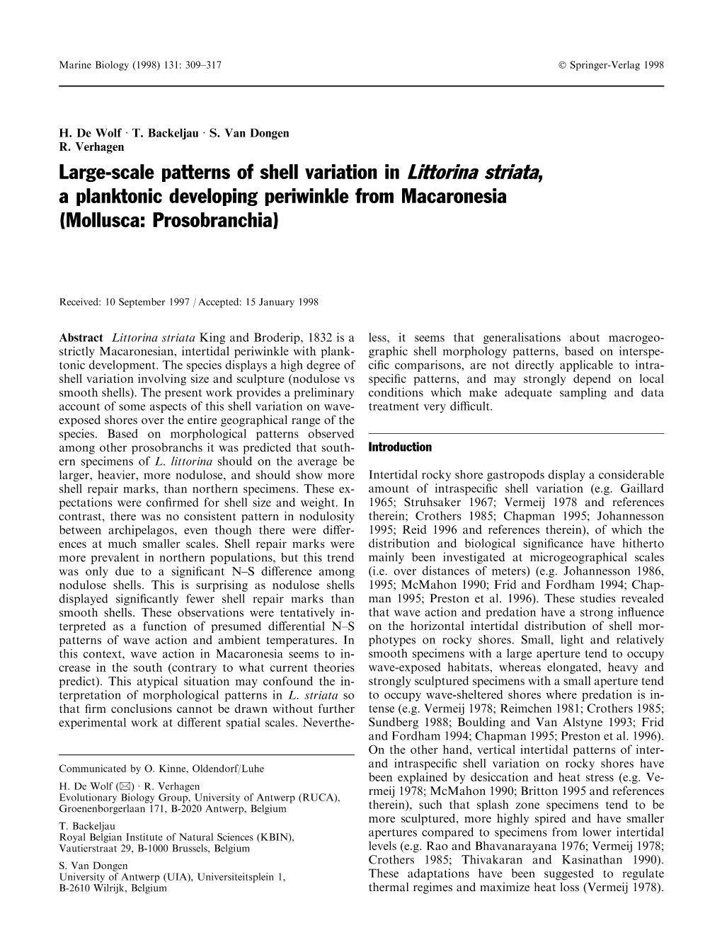 Large-Scale Patterns of Shell Variation in Littorina Striata, a Planktonic Developing Periwinkle from Macaronesia (Mollusca: Prosobranchia)