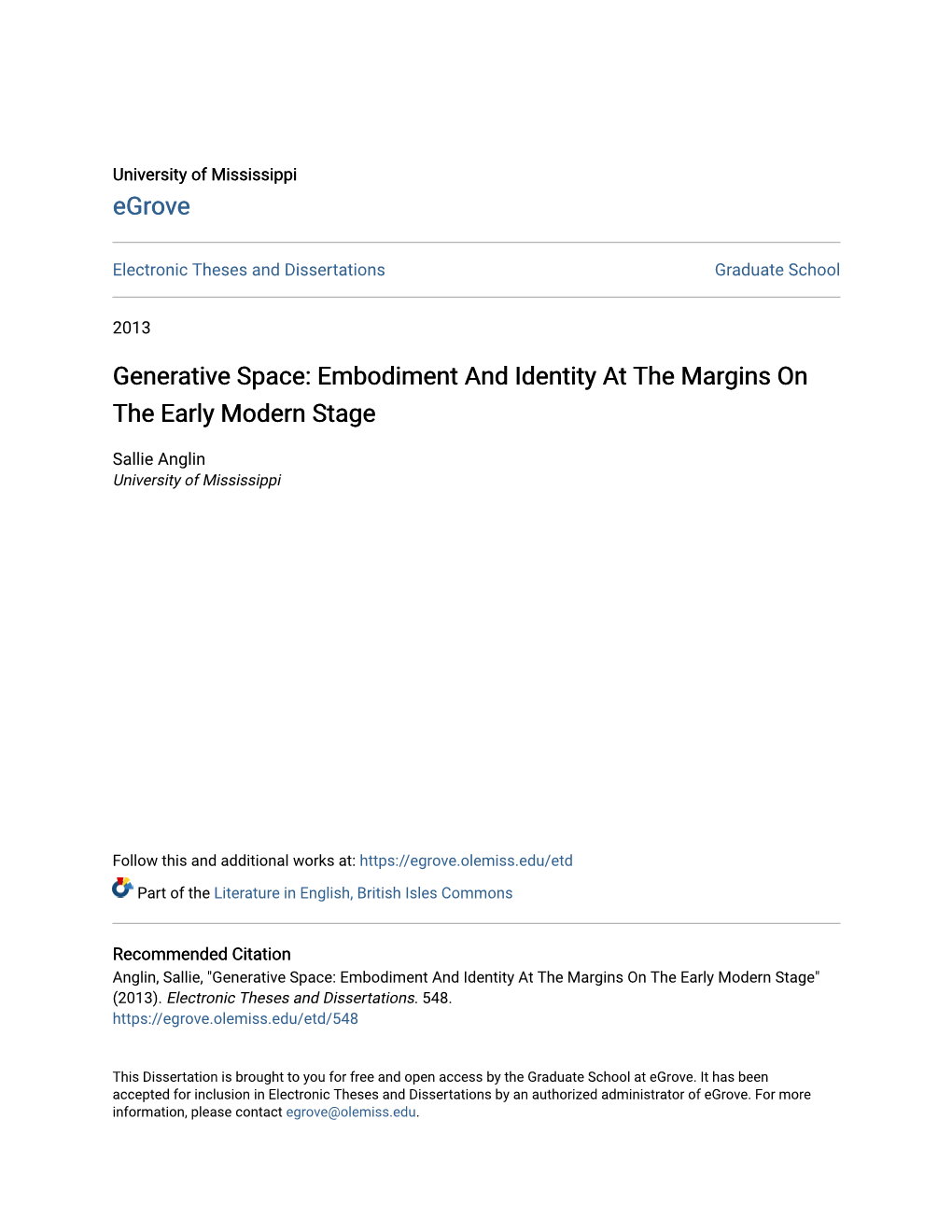 Generative Space: Embodiment and Identity at the Margins on the Early Modern Stage