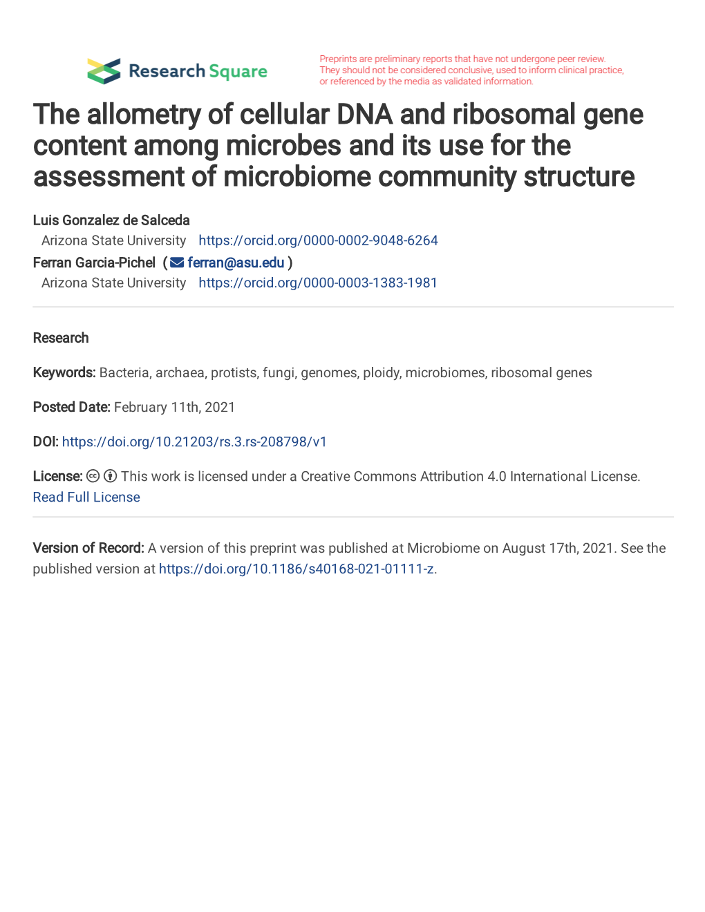 1 the Allometry of Cellular DNA and Ribosomal Gene Content Among Microbes and Its Use