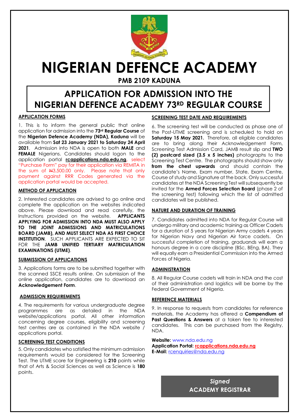 Application for Admission Into the Nigerian Defence Academy 73Rd Regular Course