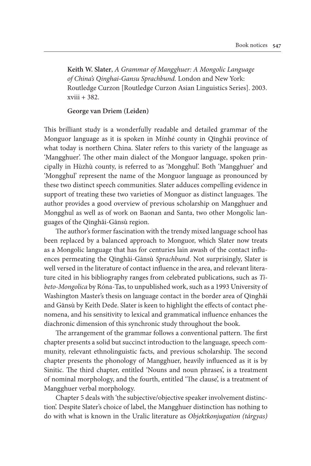 Keith W. Slater, a Grammar of Mangghuer: a Mongolic Language of China’S Qinghai-Gansu Sprachbund