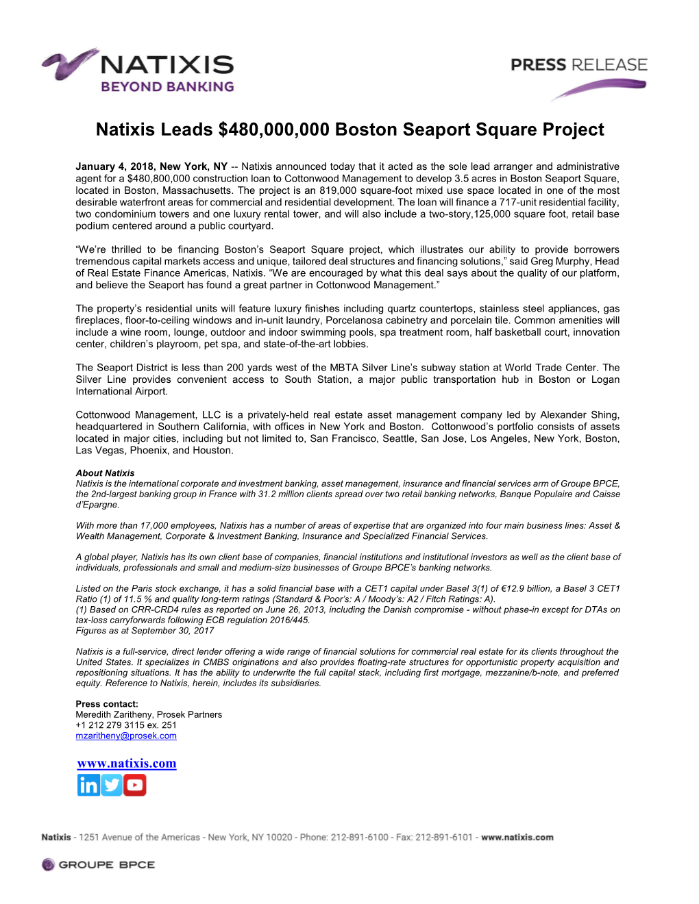 Natixis Leads $480,000,000 Boston Seaport Square Project
